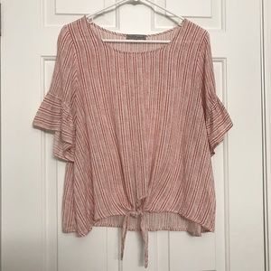 Pink & White Striped 100% Rayon Blouse Top With Loose Full Flutter Sleeves